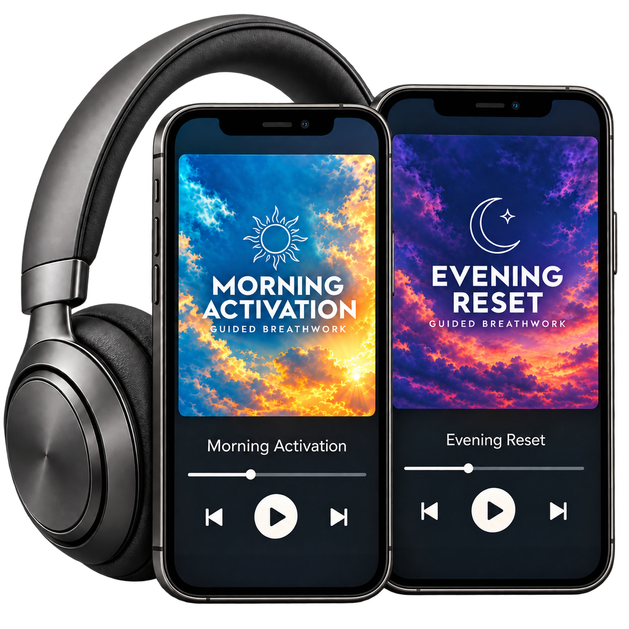 Headphones beside Morning Activation and Evening Reset daily breathwork practices displayed on two phones